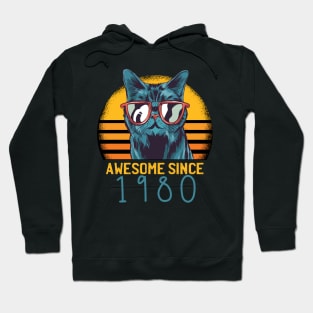 Awesome Since 1980 40th Birthday Black Cat Kitten Vintage Retro Animal Gifts Hoodie